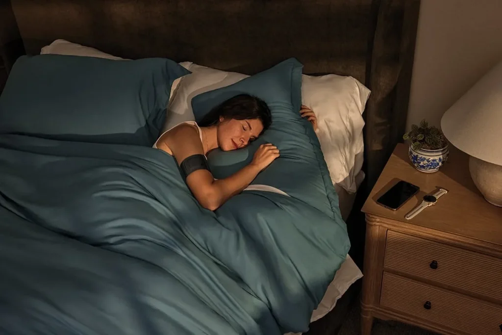 Mulher dormindo tranquilamente em uma cama confortável com lençóis e travesseiros em tom azul esverdeado. Ela abraça um dos travesseiros e usa uma faixa escura no braço. Ao lado da cama, sobre uma mesa de cabeceira de madeira iluminada pela luz quente de um abajur, repousam um smartphone, um smartwatch claro e um pequeno vaso com uma planta.