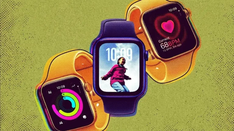Três relógios inteligentes da Apple com efeito pop-art granulado exibindo os anéis de atividade, uma foto e o monitor cardíaco, ilustrando a capa do artigo que avalia se o Apple Watch SE Vale a pena.
