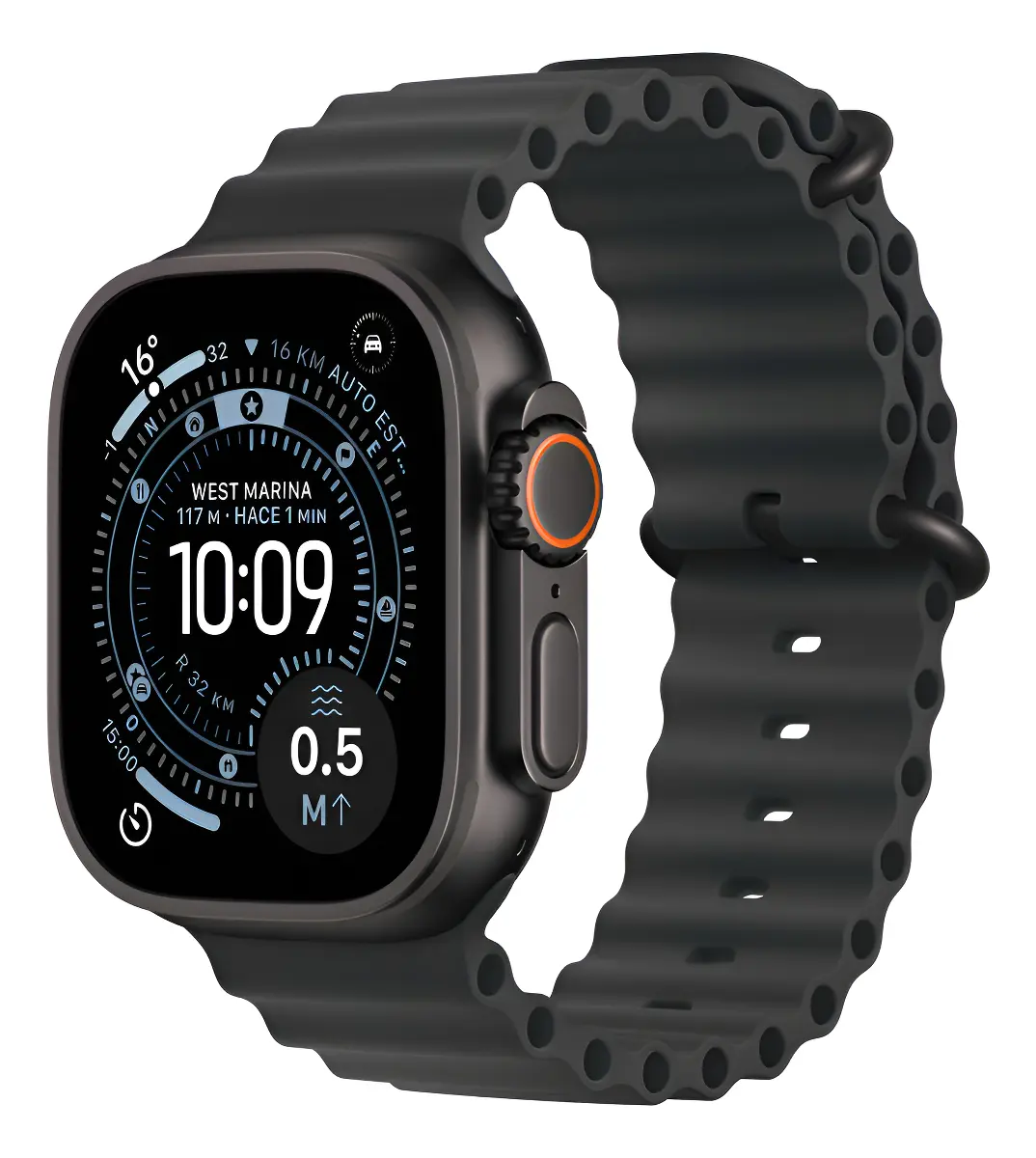 Smartwatch à prova d'água Apple Watch Ultra 3 em titânio preto com pulseira oceano, exibindo interface de mergulho e sensores de navegação avançados.