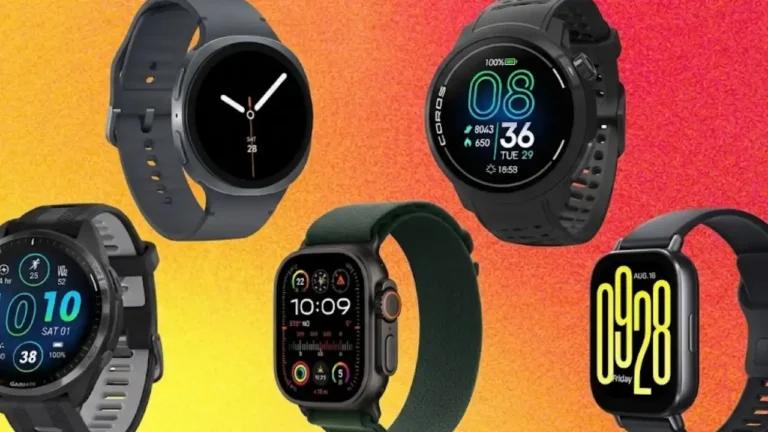 Montagem com cinco modelos diferentes de smartwatches com as telas acesas, dispostos lado a lado sobre um fundo vibrante com gradiente em tons de amarelo, laranja e vermelho.
