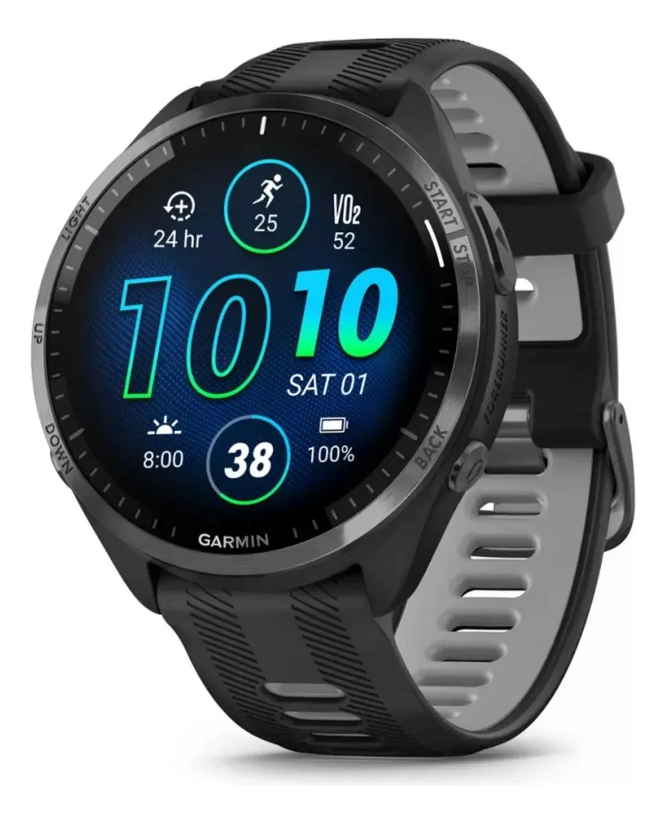 Imagem em fundo branco do Garmin Forerunner 965. Este smartwatch para corrida apresenta um visor circular AMOLED exibindo a hora "10:10" em gradiente azul e verde, além de métricas esportivas como VO2 máximo (52), tempo de recuperação (24 hr) e nível de bateria (100%). O relógio possui bisel escuro e pulseira de silicone bicolor, preta por fora e cinza claro por dentro.