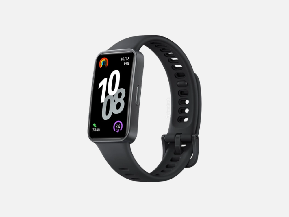Smartband Huawei Band 10 preta com tela retangular exibindo um mostrador digital com o desenho de um panda, consolidando-se como uma opção leve e elegante entre os melhores smartwatches custo benefício.