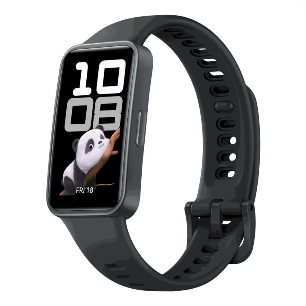 Smartband Huawei Band 10 preta com tela retangular exibindo um mostrador digital com o desenho de um panda, consolidando-se como uma opção leve e elegante entre os melhores smartwatches custo benefício.
