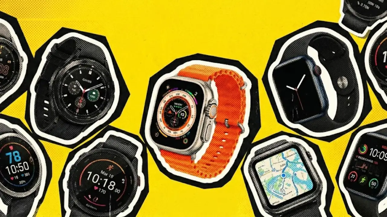 Colagem em estilo pop-art de vários smartwatches modernos, com telas redondas e quadradas, dispostos sobre um fundo amarelo vibrante.