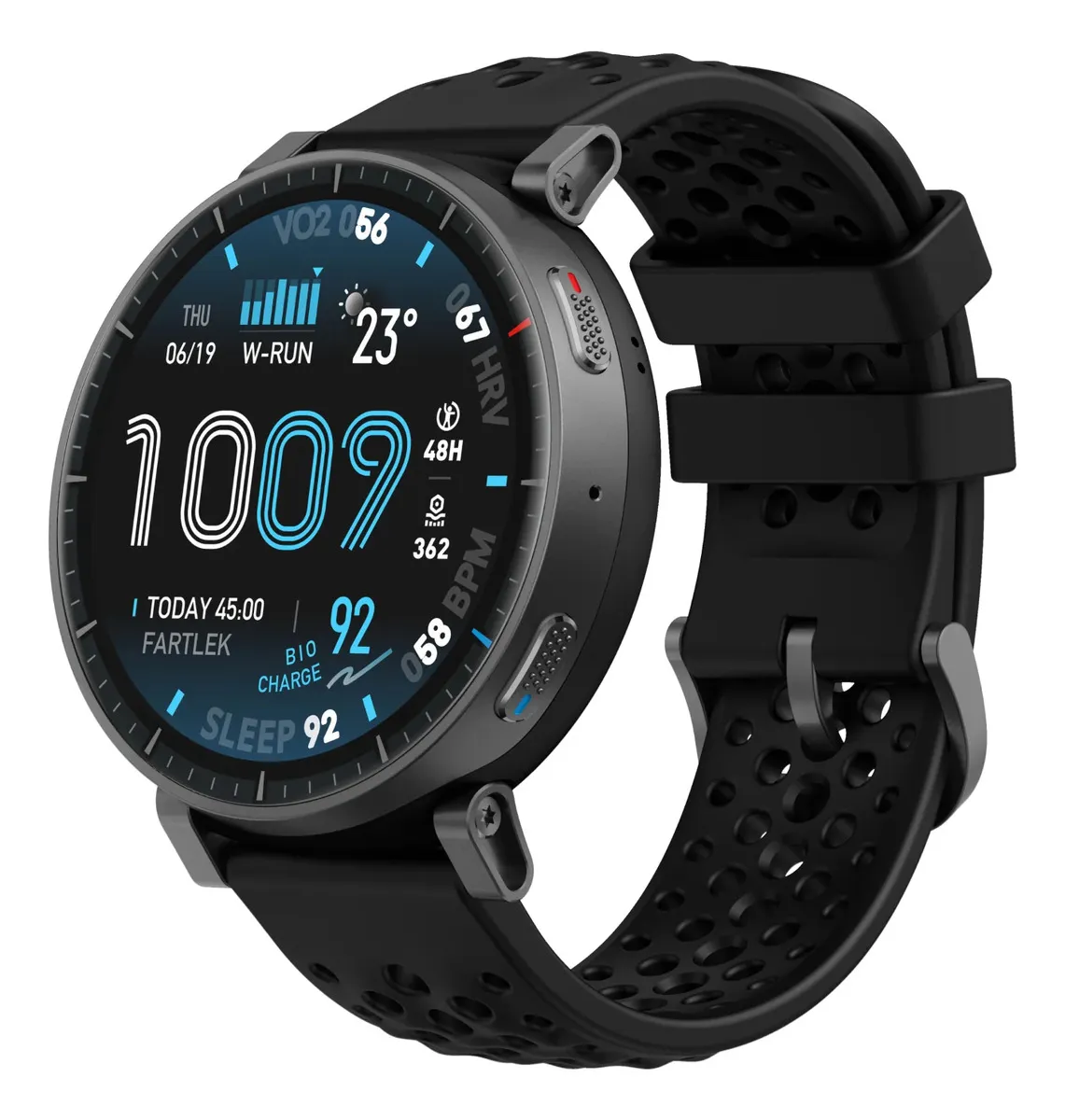 Smartwatch Amazfit Active Max preto com pulseira de silicone, exibindo mostrador digital com dados de saúde e fitness. Uma escolha popular na categoria de melhor smartwatch custo-benefício.