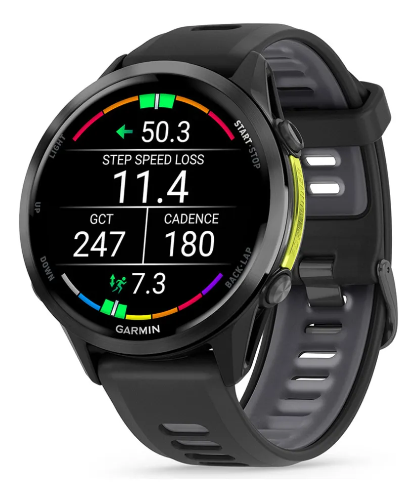 Close do mostrador do Garmin Forerunner 970 detalhando dados de dinâmica de corrida, como cadência e tempo de contato com o solo. Considerado o melhor smartwatch em precisão de dados esportivos.