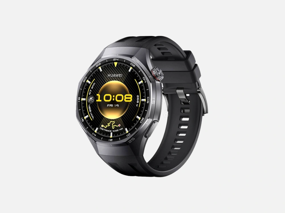 Huawei Watch GT 5 Pro posicionado em fundo cinza, destacando o corpo octogonal em titânio e pulseira preta. O modelo é reconhecido como o melhor smartwatch para quem busca autonomia de bateria de até duas semanas e acabamento premium.