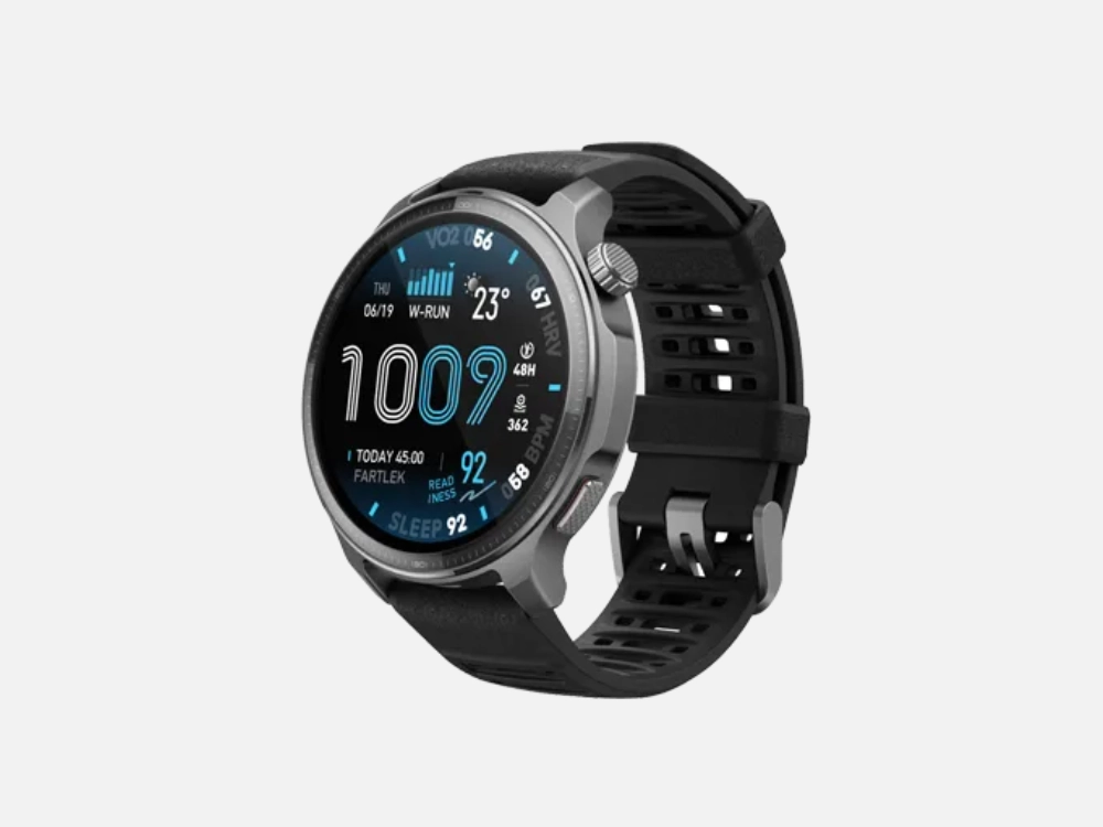 Smartwatch Amazfit Balance com caixa metálica cinza, pulseira preta e mostrador digital exibindo métricas avançadas de treino e recuperação (Readiness). Uma opção sofisticada entre os melhores smartwatches custo benefício.