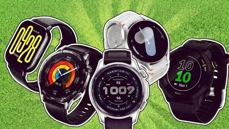 Montagem estilizada com cinco modelos diferentes de smartwatches dispostos lado a lado sobre um fundo de grama verde, ilustrando os melhores relógios inteligentes em custo-benefício.