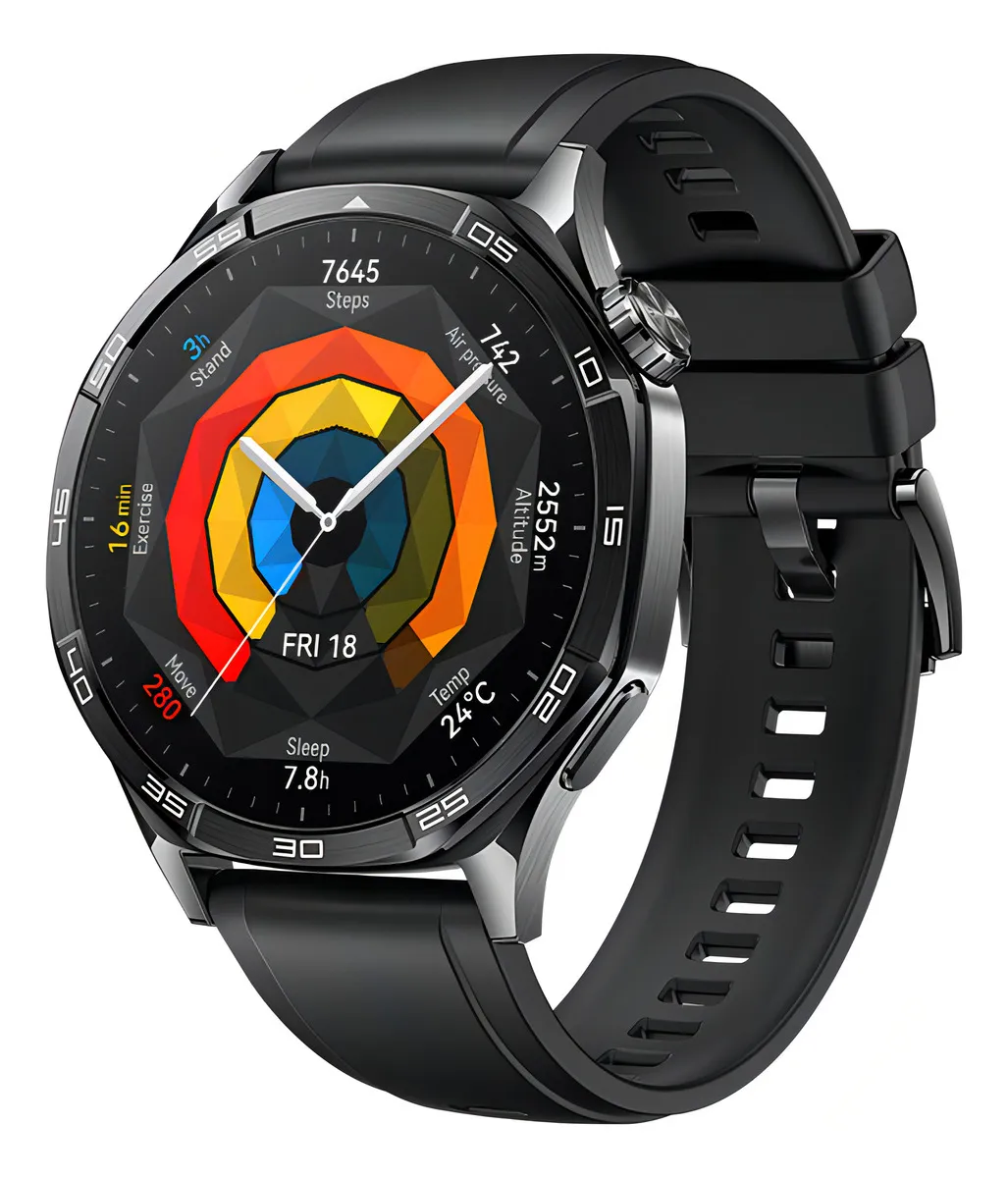 Close-up de um Huawei Watch GT 5 com caixa de aço inoxidável prateado e pulseira preta. O mostrador detalhado exibe diversas métricas de atividade e saúde (passos, calorias, sono, etc.) organizadas em anéis poligonais coloridos e ponteiros analógicos.