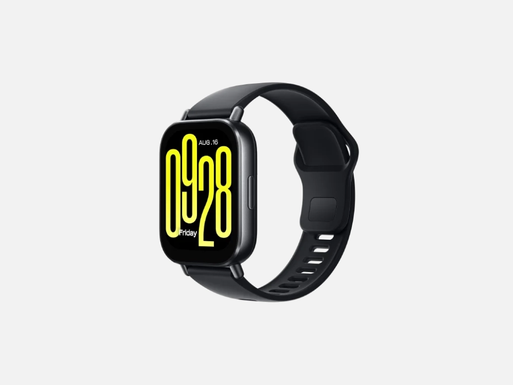 Imagem em fundo cinza do Redmi Watch 5 na cor preta. Este smartwatch para corrida possui uma tela ampla e quadrada exibindo a hora "09:28" em números amarelos vibrantes, acompanhado de uma pulseira de silicone preta ajustável.