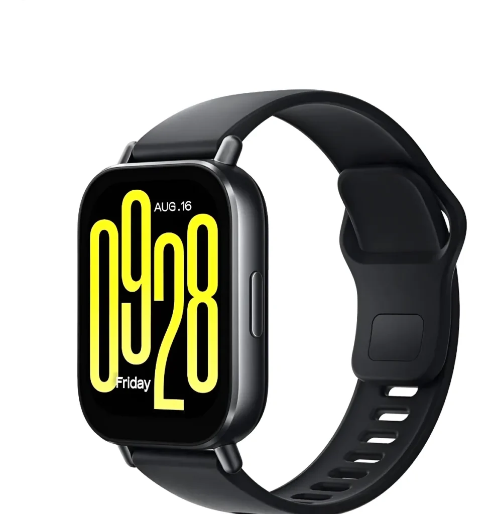 Smartwatch Redmi Watch 5 Active na cor preta com tela quadrada exibindo um mostrador digital amarelo, destacando-se como uma opção de tela ampla entre os melhores smartwatches custo benefício.