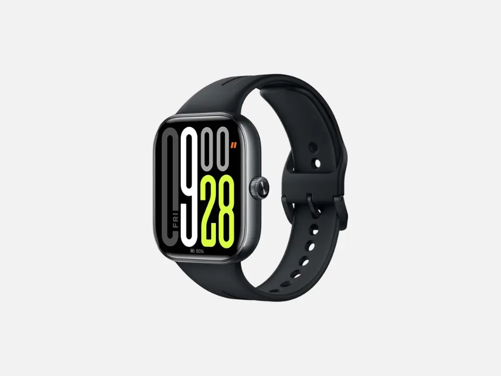 Smartwatch à prova d'água Redmi Watch 5 Com GPS na cor preta, exibindo o horário e métricas de passos e calorias em destaque.