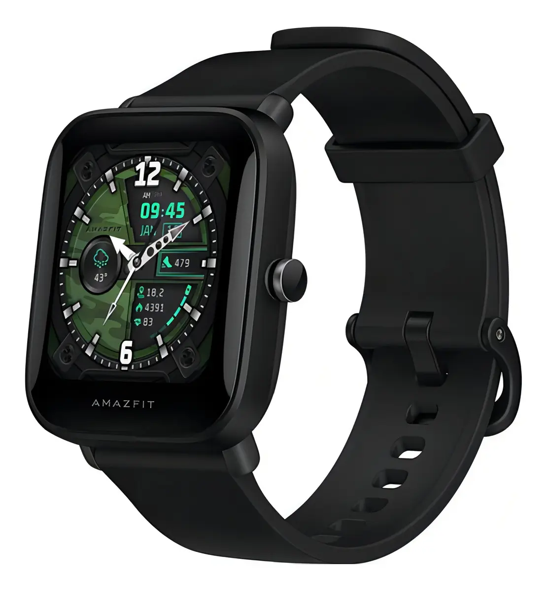 Imagem em fundo branco do relógio Amazfit Bip U Pro na cor preta. Este smartwatch para corrida exibe uma tela quadrada com um mostrador de fundo camuflado verde, ponteiros analógicos e métricas de treino, acompanhado por uma pulseira de silicone.