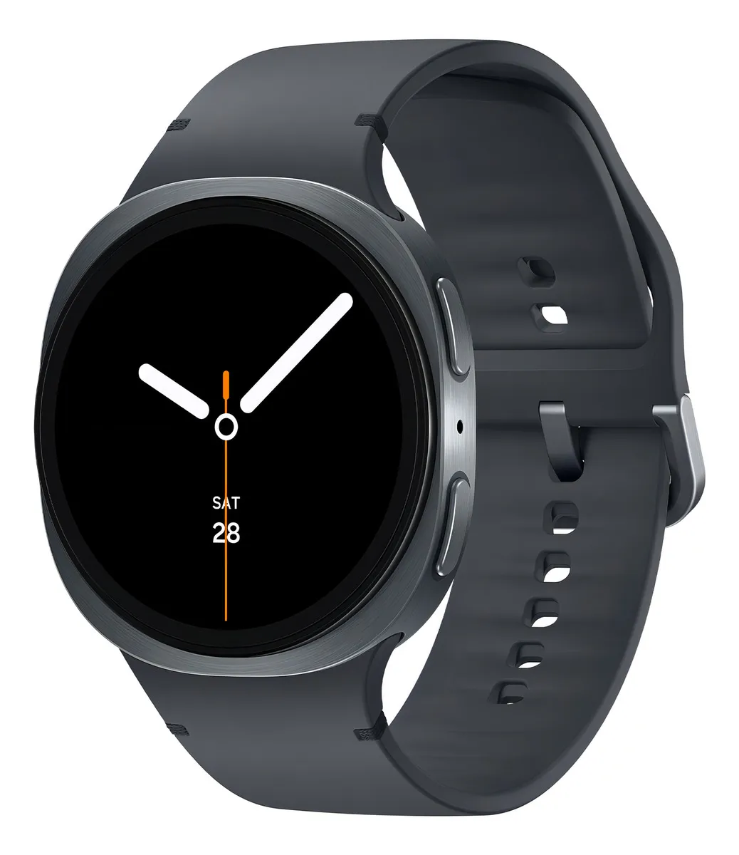 Imagem em fundo branco do Samsung Galaxy Watch 8 na cor grafite. Este smartwatch para corrida exibe um mostrador circular minimalista escuro com ponteiros analógicos e a data "SAT 28", acompanhado por uma pulseira lisa de silicone cinza.