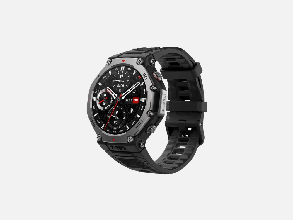 Smartwatch à prova d'água Amazfit T-Rex 3 com design robusto e militar em preto e cinza, destacando os botões físicos e mostrador analógico detalhado.