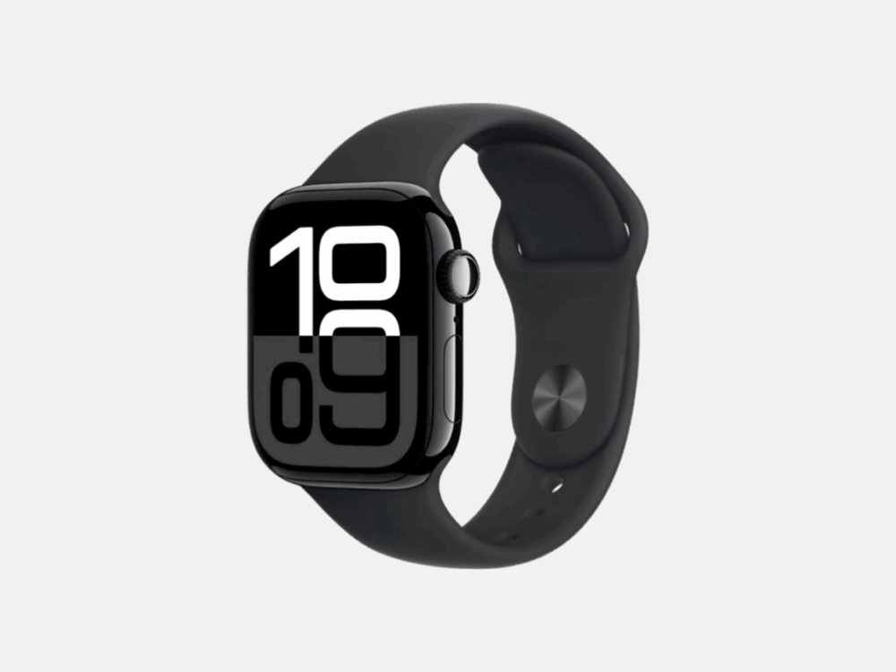 Smartwatch à prova d'água Apple Watch Series 10 na cor preta, destacando sua tela ampla e design ultrafino com pulseira de silicone.