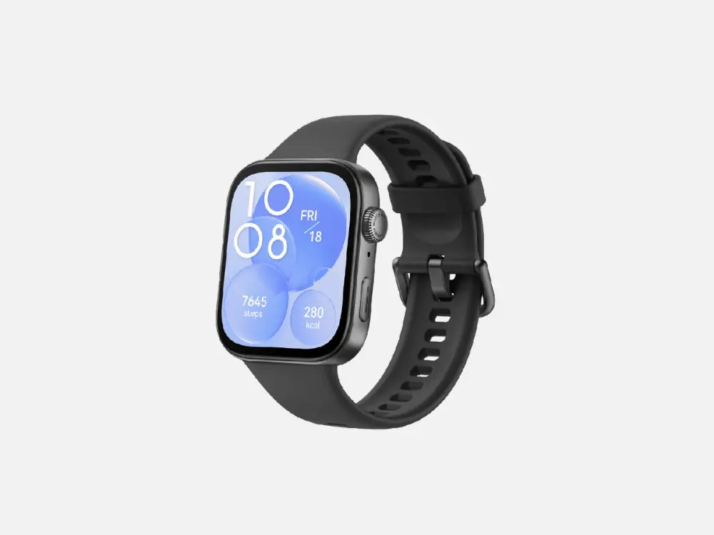 Smartwatch à prova d'água Huawei Watch Fit 3 na cor preta com coroa rotatória lateral e visor digital exibindo bolhas azuis, contador de passos e calorias.