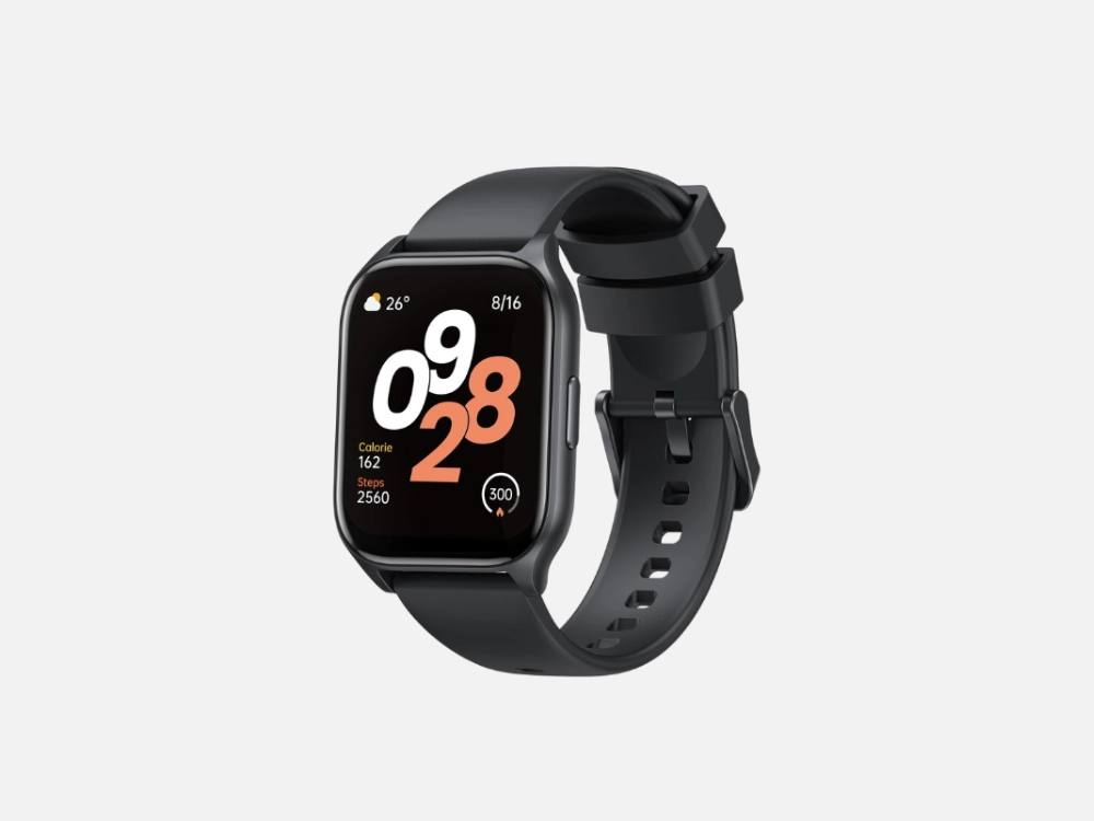 Smartwatch a prova d'água Tranya ES10 na cor preta com design retangular, exibindo métricas de calorias, passos e visor digital em destaque.