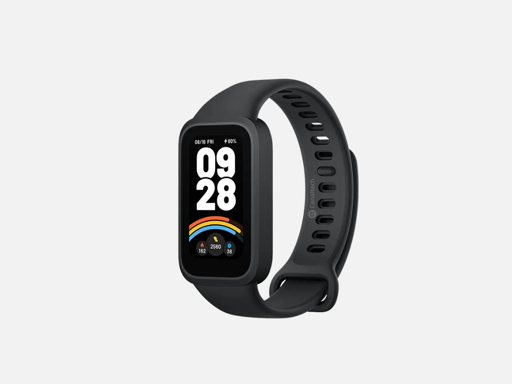 Smartwatch à prova d'água Xiaomi Smart Band 9 Active na cor preta, com tela retangular exibindo o horário, contador de passos e indicadores de queima calórica.