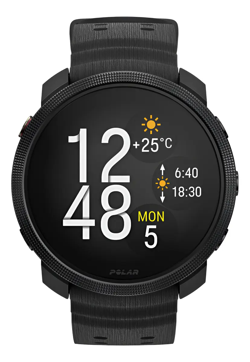 Imagem em fundo branco do Polar Vantage M3 na cor preta. Este smartwatch para corrida possui um mostrador digital exibindo a hora "12:48", a data "MON 5", temperatura de 25°C e os horários do nascer e pôr do sol, acompanhado por um bisel texturizado e pulseira escura.