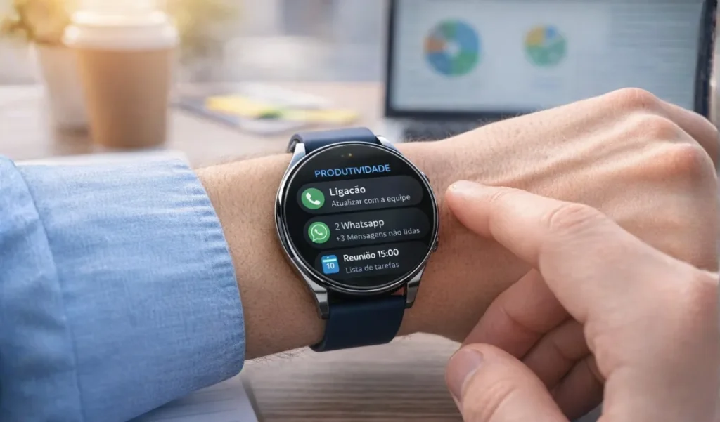 Braço de uma pessoa no ambiente de escritório interagindo com a tela de um smartwatch. O visor do relógio exibe um menu de produtividade com notificações de ligações, mensagens de WhatsApp e lembretes de reunião. Filtrar os alertas diários é uma das melhores razões para usar um smartwatch.