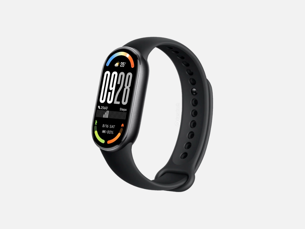 Smartband Xiaomi Smart Band 10 preta com tela oval exibindo horário e métricas de atividade física, garantindo seu espaço entre os melhores smartwatches custo benefício devido à sua excelente autonomia.
