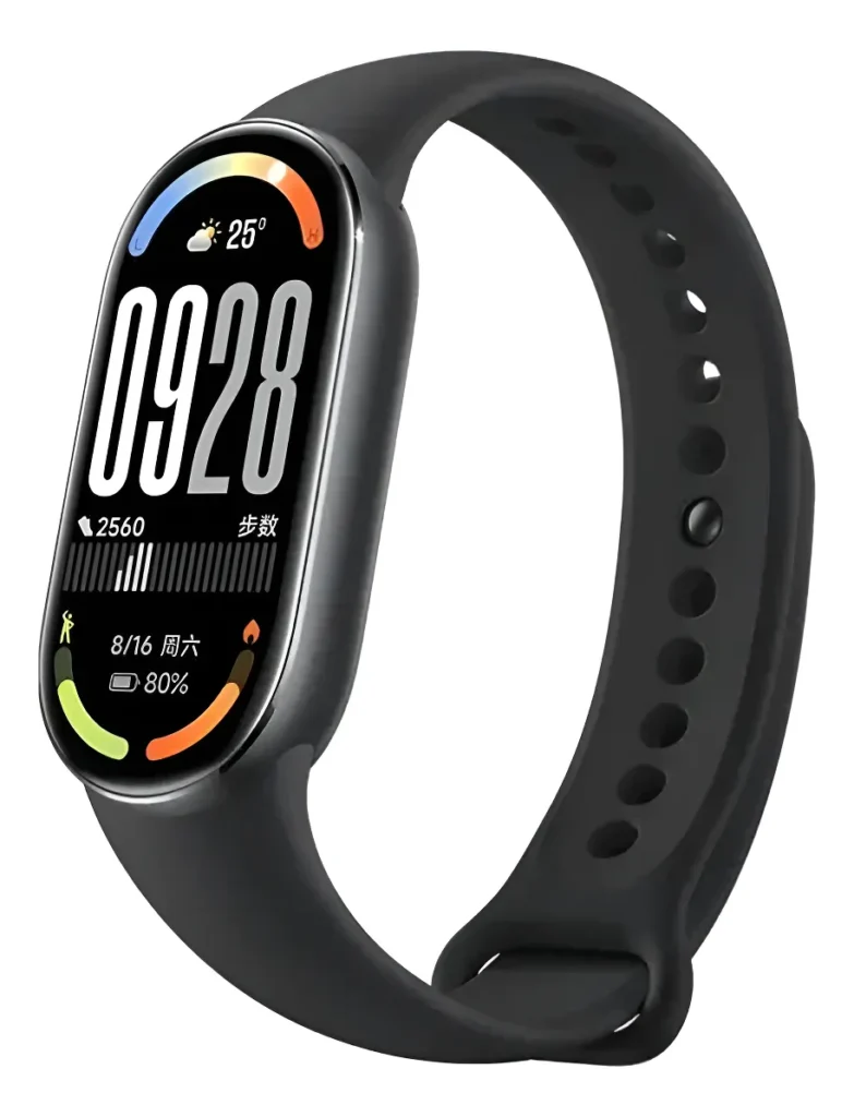 Smartband Xiaomi Smart Band 10 preta com tela oval exibindo horário e métricas de atividade física, garantindo seu espaço entre os melhores smartwatches custo benefício devido à sua excelente autonomia.