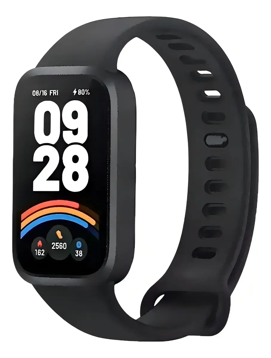 Smartwatch à prova d'água Xiaomi Smart Band 9 Active na cor preta, com tela retangular exibindo o horário, contador de passos e indicadores de queima calórica.