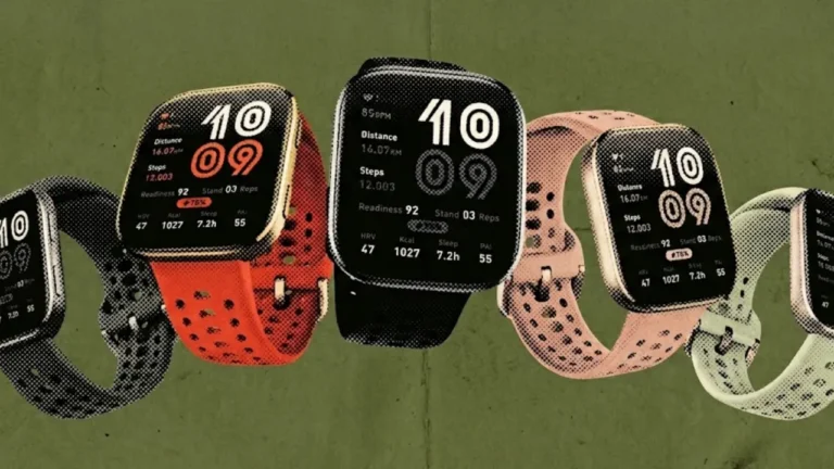 Uma composição visual em estilo halftone de cinco smartwatches Amazfit Bip 6 coloridos dispostos em um cluster, exibindo dados de fitness e a hora 10:09 contra um fundo verde texturizado. Imagem de destaque para o artigo 'Amazfit Bip 6 vale a pena'.