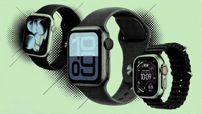 Composição gráfica em estilo halftone com três modelos de Apple Watch, incluindo o Ultra e o Series, dispostos para ajudar você a decidir Qual Melhor Apple Watch.