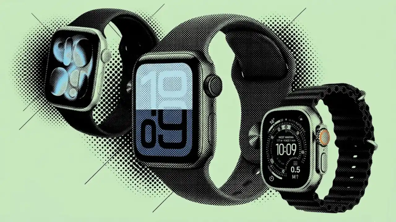Composição gráfica em estilo halftone com três modelos de Apple Watch, incluindo o Ultra e o Series, dispostos para ajudar você a decidir Qual Melhor Apple Watch.